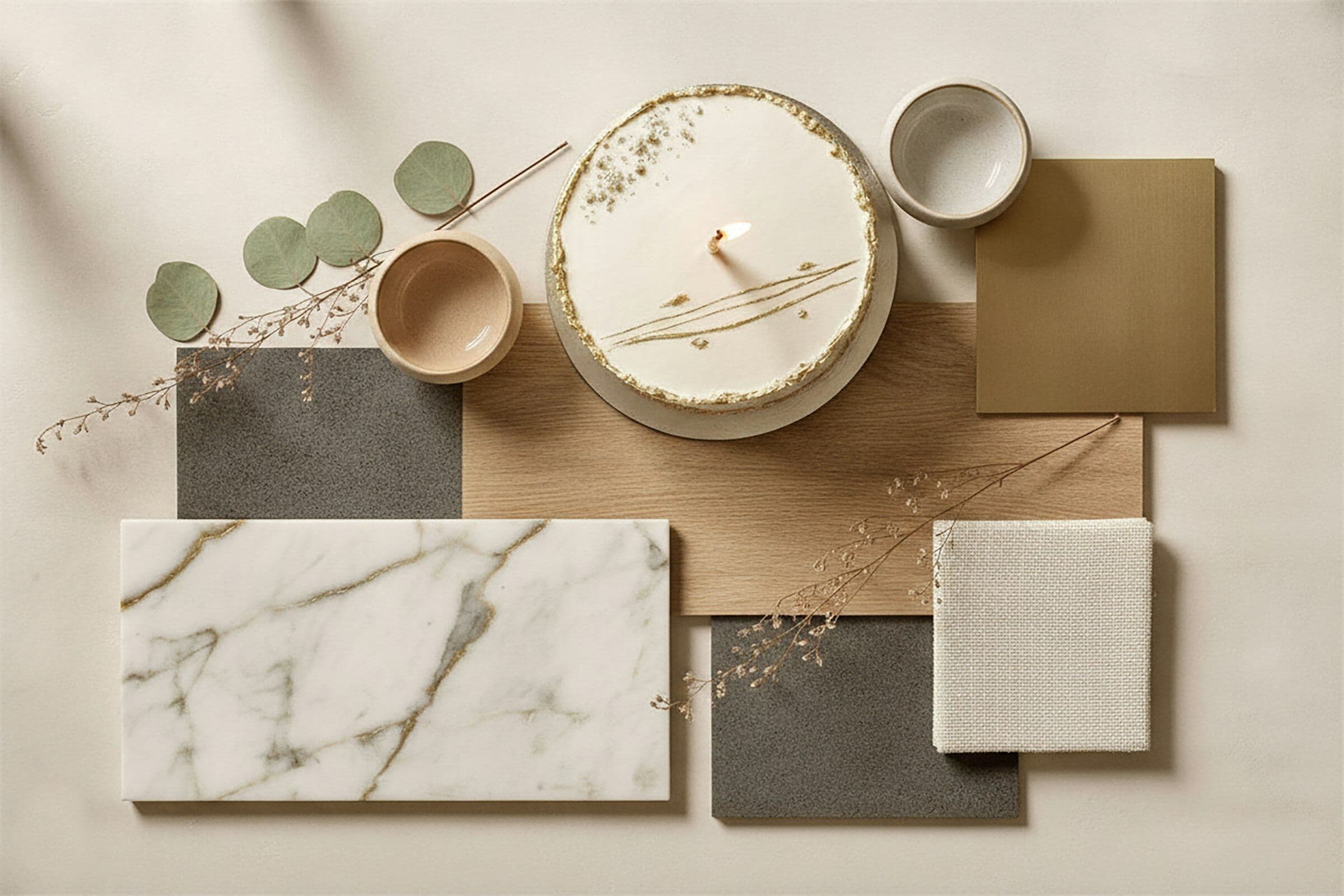 Planche de matières : marbre veiné, grès, bois, lin et céramique disposés à plat.